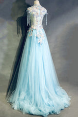 Formal Dress, Modest Square Neckline Beading Appliques Sky Blue Long Prom Dresses Pageant Gown