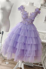 Prom Dress Gowns, A-line Applique Lilac Tulle Short Homecoming Dresses With Layered
