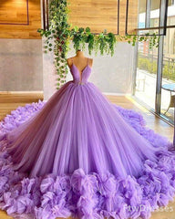 Evening Dresses For Weddings, spaghetti straps lavender beading bodice tulle evening dress with handmade flowers