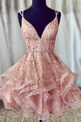 Prom Dress, Cute Sequins Pink Homecoming Dresses V-neck Beaded Short Prom Dresses
