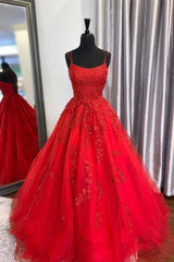 Evening Dresses Red, Red Lace Long Prom Dresses, A-Line Formal Evening Dresses