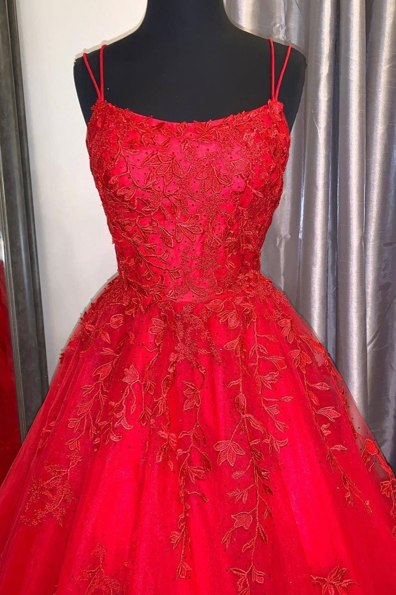 Evening Dress Style, Red Lace Long Prom Dresses, A-Line Formal Evening Dresses