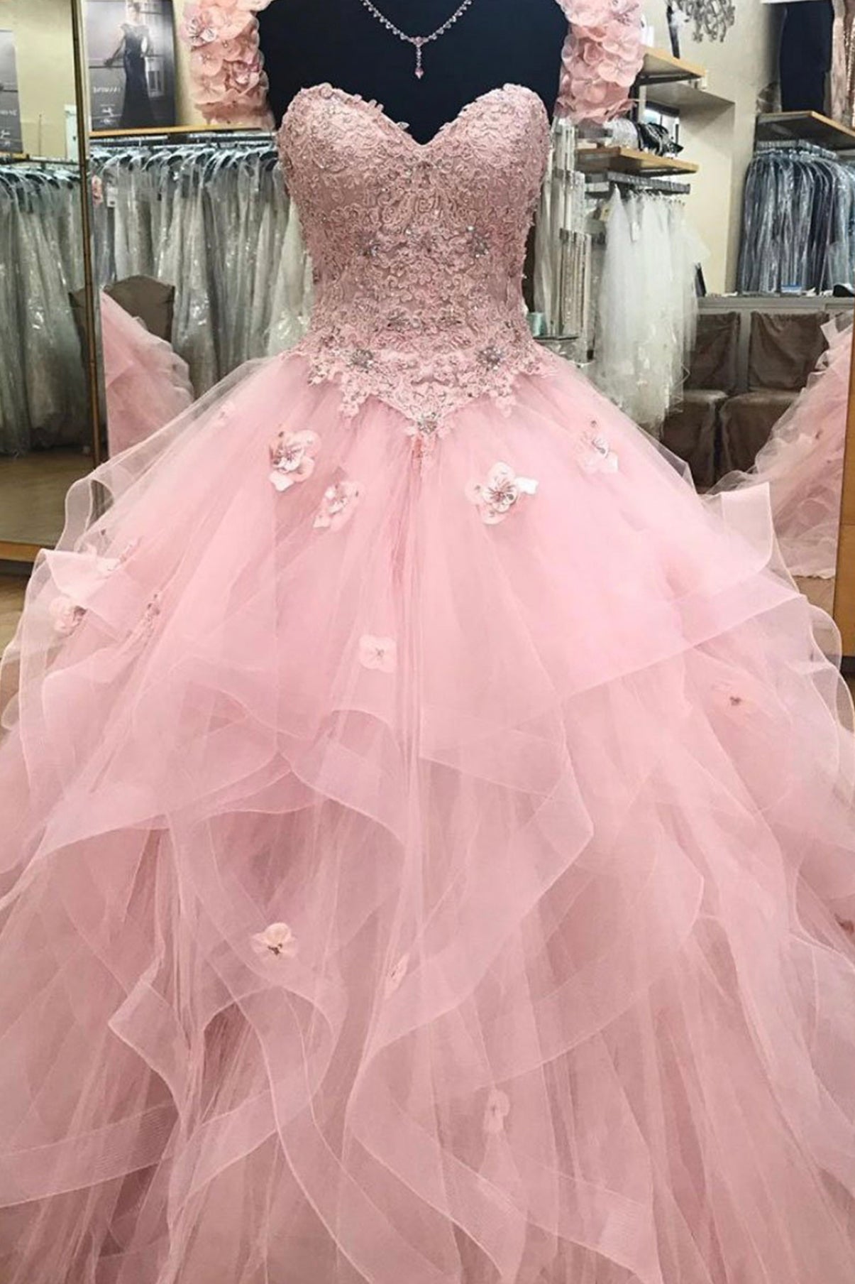 Prom Dress Ideas Unique, Pink Strapless Lace Long Prom Dresses, A-Line Evening Sweet 16 Dresses