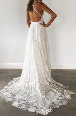 Wedding Dresses Couture, Charming Ivory Lace A Line Spaghetti Straps Backless Side Slit Beach Wedding Dresses