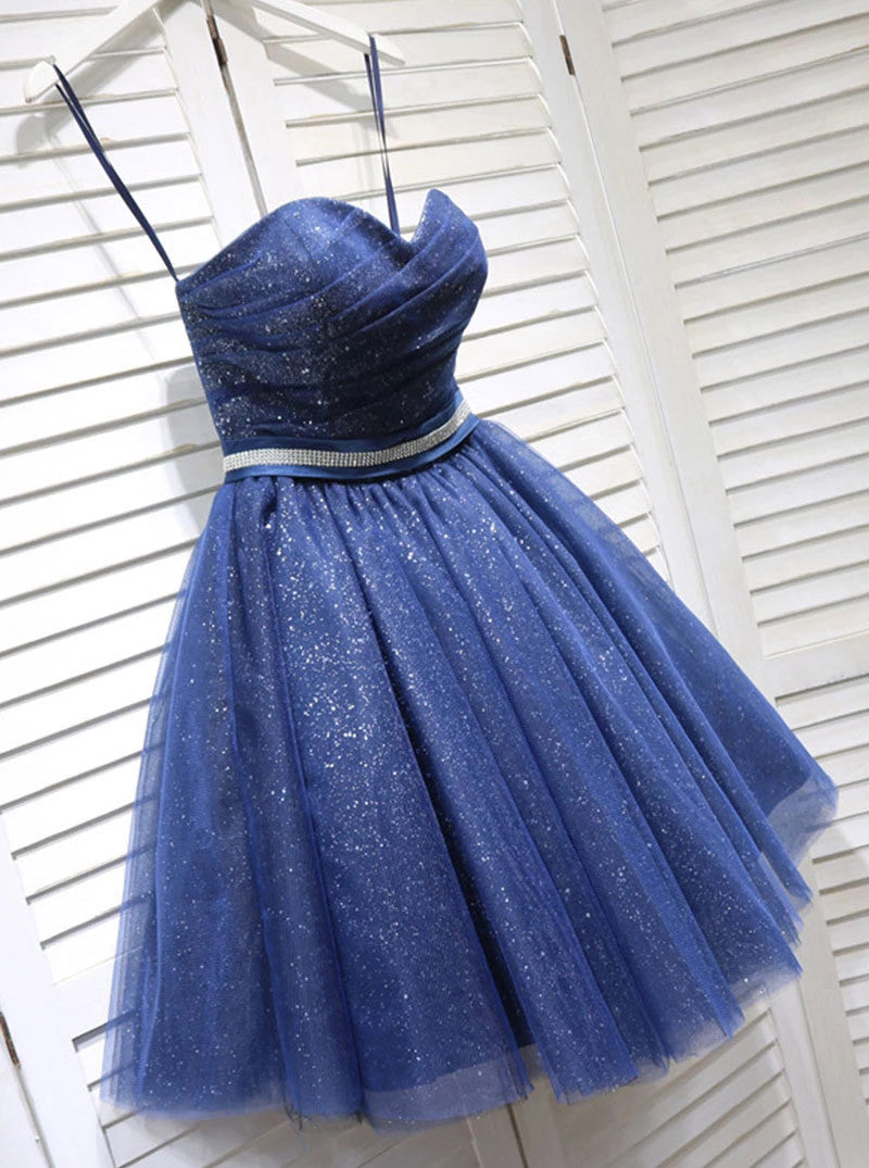Party Dress Quick, Glitter Sweetheart Blue Short Prom Homecoming Dresses With Beading