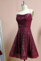 Bridesmaid Dresses Different Style, Burgundy Spaghetti Straps Sleeveless A Line Sequins Homecoming Dresses