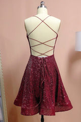 Bridesmaid Dress Different Styles, Burgundy Spaghetti Straps Sleeveless A Line Sequins Homecoming Dresses