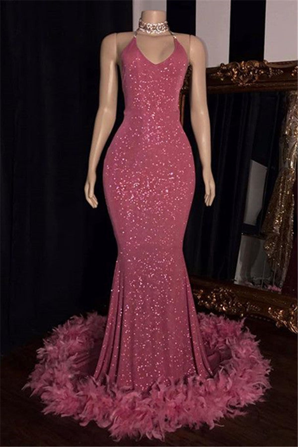 Homecoming Dresses Pockets, 2024 Charming Mermaid Prom Dresses, Hot Pink Sequence With Feathers Halter Backless