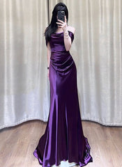 Robe de soirée longue épaule en satin violet, robe de bal en satin violet