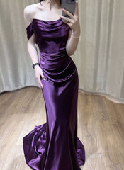 Фиолетовое атлас с плеча длинное вечернее платье, фиолетовое атласное выпускное платье