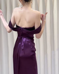 Satin violet de pe umăr rochie lungă de seară, rochie de bal din satin violet