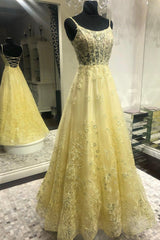 Formal Dress Trends, Yellow Lace Long Prom Dresses, Yellow Spaghetti Straps Graduation Dresses