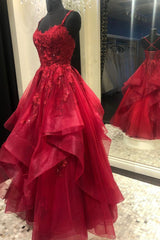 Evening Dresses Ball Gown, Red Lace Long Prom Dresses, Red Backless Formal Evening Dresses