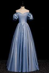Bridesmaid Dresses Dusty Blue, Cute Satin Long Prom Dresses, Blue Short Sleeve A-Line Evening Dresses