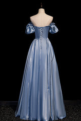 Bridesmaid Dress Dusty Blue, Cute Satin Long Prom Dresses, Blue Short Sleeve A-Line Evening Dresses