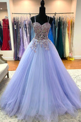 Evening Dress Italy, Purple Tulle Lace Long Prom Dresses, A-Line Spaghetti Straps Graduation Dresses