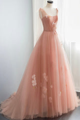Homecoming Dresses Lace, Pink Tulle Long Prom Dresses, Cute A-Line Graduation Dress
