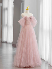 Homecoming Dresses 2029, Pink Tulle Long Prom Dress, Beautiful A-Line Off Shoulder Evening Dress