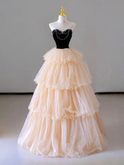 Prom Shoes, Champagne Strapless Tulle Long Prom Dress, Beautiful Formal Evening Dress