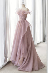 Homecoming Dresses Simpl, Pink Tulle Long A-line Prom Dress, Lovely Off the Shoulder Evening Dress