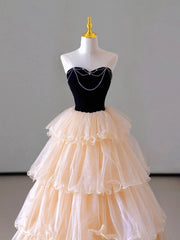 Silk Wedding Dress, Champagne Strapless Tulle Long Prom Dress, Beautiful Formal Evening Dress
