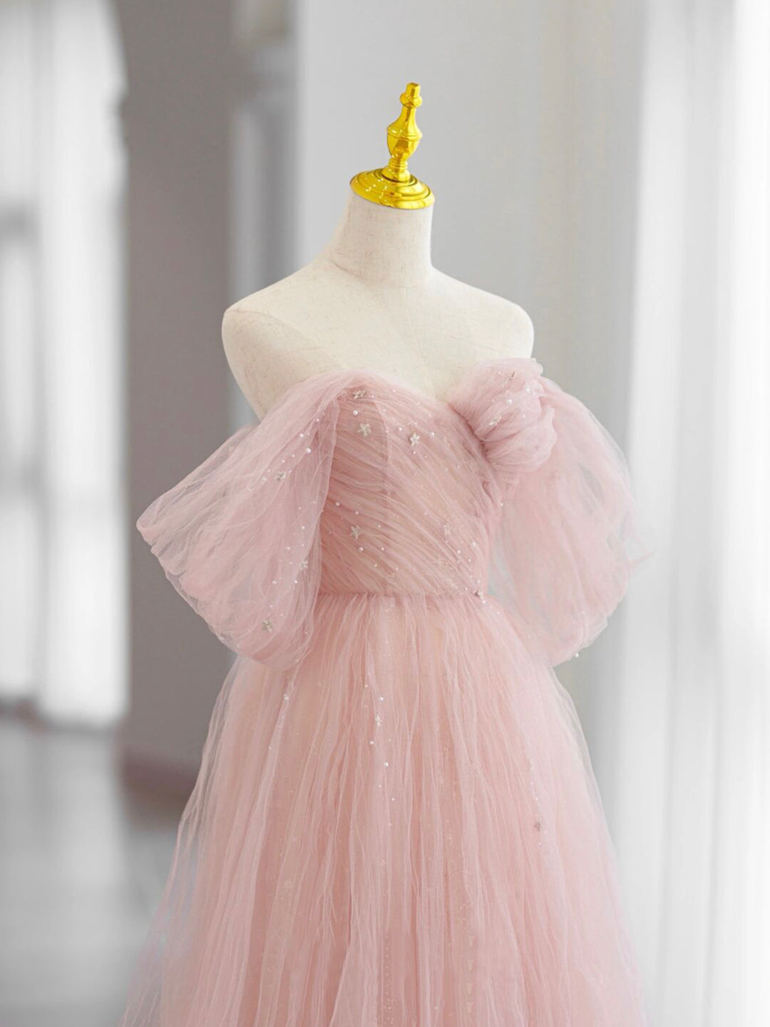 Homecoming Dresses Short Prom, Pink Tulle Long Prom Dress, Beautiful A-Line Off Shoulder Evening Dress