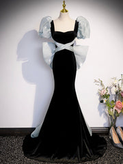 Homecomeing Dresses Red, Black Velvet Long Prom Dress, Mermaid Evening Party Dress with Bow