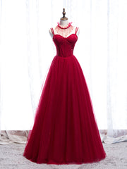 Evening Dresses Boutique, Red Spaghetti Strap Tulle Party Dress, Red Floor Length Prom Dress
