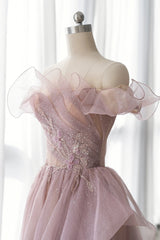 Homecoming Dress Boutiques, Pink Tulle Long A-line Prom Dress, Lovely Off the Shoulder Evening Dress