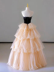 Winter Formal, Champagne Strapless Tulle Long Prom Dress, Beautiful Formal Evening Dress