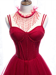 Evening Dresses Elegant, Red Spaghetti Strap Tulle Party Dress, Red Floor Length Prom Dress