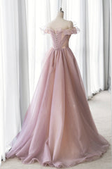 Homecoming Dress With Tulle, Pink Tulle Long A-line Prom Dress, Lovely Off the Shoulder Evening Dress