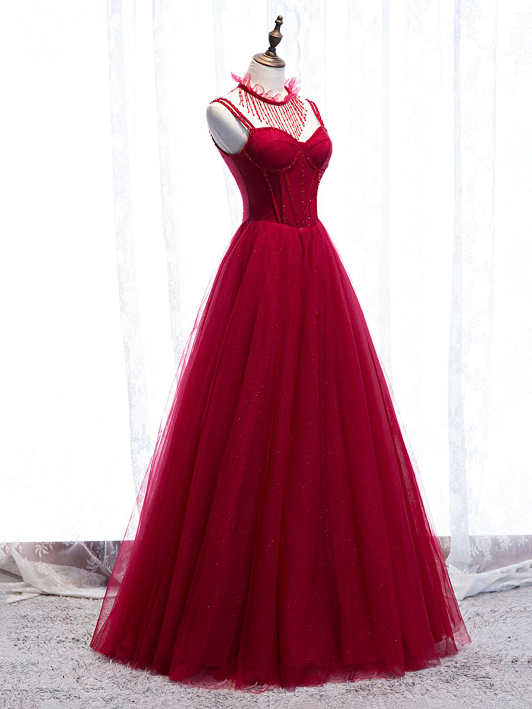 Evening Dresses For Weddings, Red Spaghetti Strap Tulle Party Dress, Red Floor Length Prom Dress