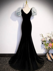 Homecoming Dresses Fitted, Black Velvet Long Prom Dress, Mermaid Evening Party Dress with Bow