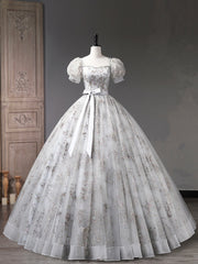 Bridesmaids Dresses Ideas, Gray Tulle Sequins Long Prom Dress, A-Line Short Sleeve Evening Dress
