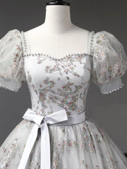 Bridesmaids Dresses Idea, Gray Tulle Sequins Long Prom Dress, A-Line Short Sleeve Evening Dress