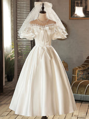 Wedding Dress Colored, White Satin Lace Short Prom Dress, White Evening Dress, Wedding Dress