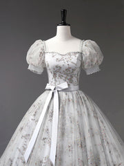 Bridesmaides Dress Ideas, Gray Tulle Sequins Long Prom Dress, A-Line Short Sleeve Evening Dress