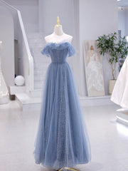 Pleated Dress, Blue Strapless Tulle Long Prom Dress, Blue A-Line Evening Dress