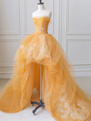 Prom Dress For Sale, Orange Tulle Lace Long High Low Prom Dress, A-Line Strapless Evening Dress