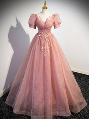 Homecomming Dresses Bodycon, Pink Tulle Floor Length Prom Dress with Short Sleeve, Beautiful A-Line Evening Dress