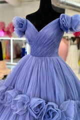 Classy Outfit Women, Blue V-neck Tulle Formal Dress with Flowers, Blue Floor Length Prom Dress