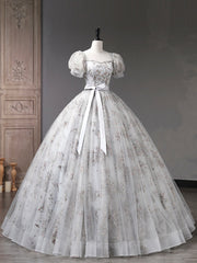 Bridesmaid Dresses Idea, Gray Tulle Sequins Long Prom Dress, A-Line Short Sleeve Evening Dress