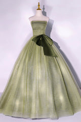 Satin Dress, Green Strapless Tulle Long Formal Dress, A-Line Evening Party Dress
