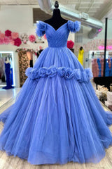 Black Tie Dress, Blue V-neck Tulle Formal Dress with Flowers, Blue Floor Length Prom Dress