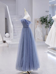 Black Long Dress, Blue Strapless Tulle Long Prom Dress, Blue A-Line Evening Dress