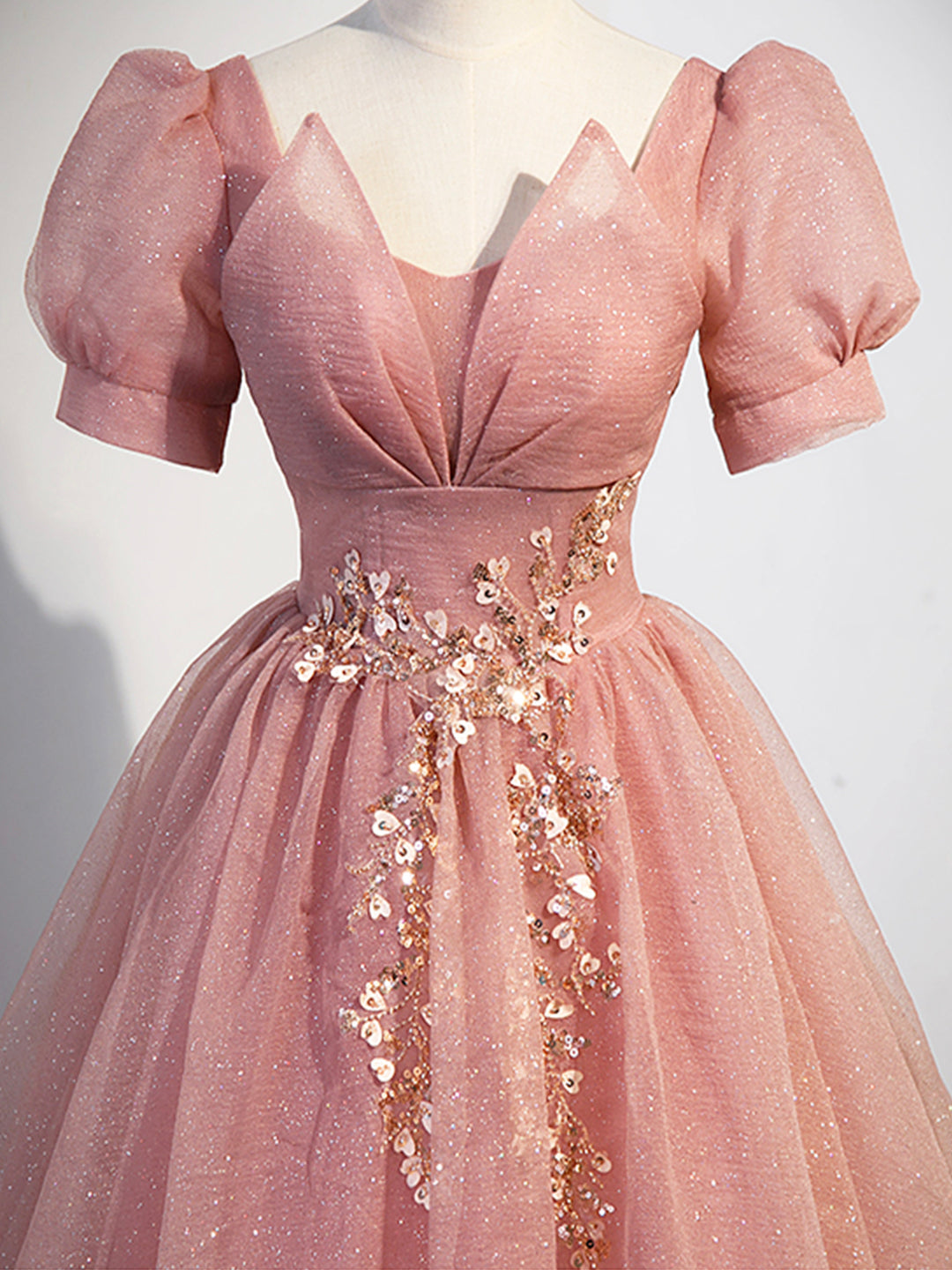 Homecomming Dress With Sleeves, Pink Tulle Floor Length Prom Dress with Short Sleeve, Beautiful A-Line Evening Dress