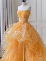 Prom Dresses Tight, Orange Tulle Lace Long High Low Prom Dress, A-Line Strapless Evening Dress