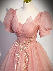 Homecoming Dress Bodycon, Pink Tulle Floor Length Prom Dress with Short Sleeve, Beautiful A-Line Evening Dress