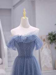 Princess Prom Dress, Blue Strapless Tulle Long Prom Dress, Blue A-Line Evening Dress